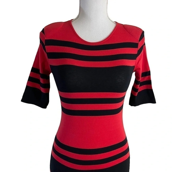 French Connection Black and Red Striped Bodycon Stretch Dress Size 4 Keyhole - Picture 4 of 8